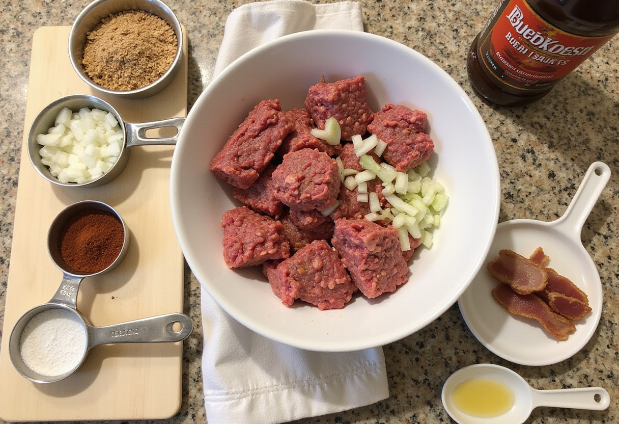 Preparation of Bourbon BBQ Bacon Cheeseburger Meatball Subs with ground beef and bacon for meatballs