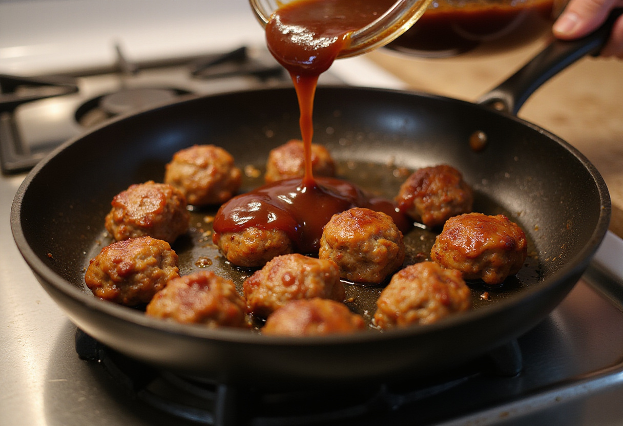 Cooking meatballs for Bourbon BBQ Bacon Cheeseburger Meatball Subs in a frying pan with bourbon BBQ sauce