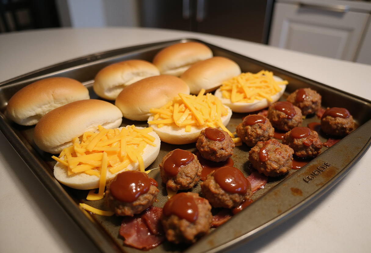 Assembling Bourbon BBQ Bacon Cheeseburger Meatball Subs with cheese, bacon, and meatballs on sandwich rolls