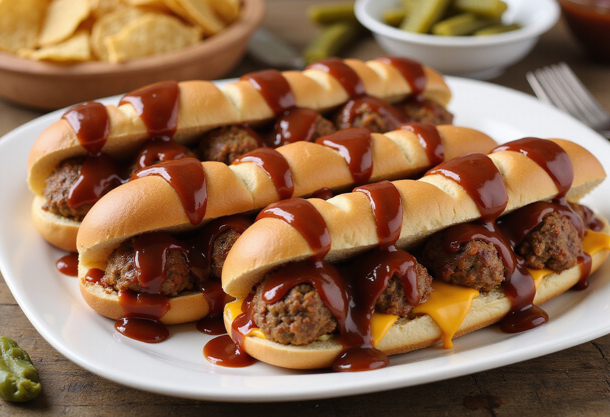 Final presentation of Bourbon BBQ Bacon Cheeseburger Meatball Subs ready to serve with BBQ sauce