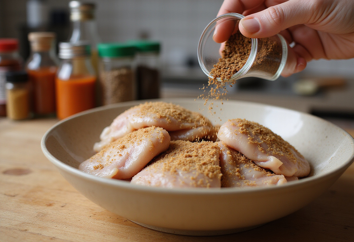 Brown Sugar Pineapple Chicken preparation with chicken thighs being seasoned, showcasing savory ingredients for a delicious meal.