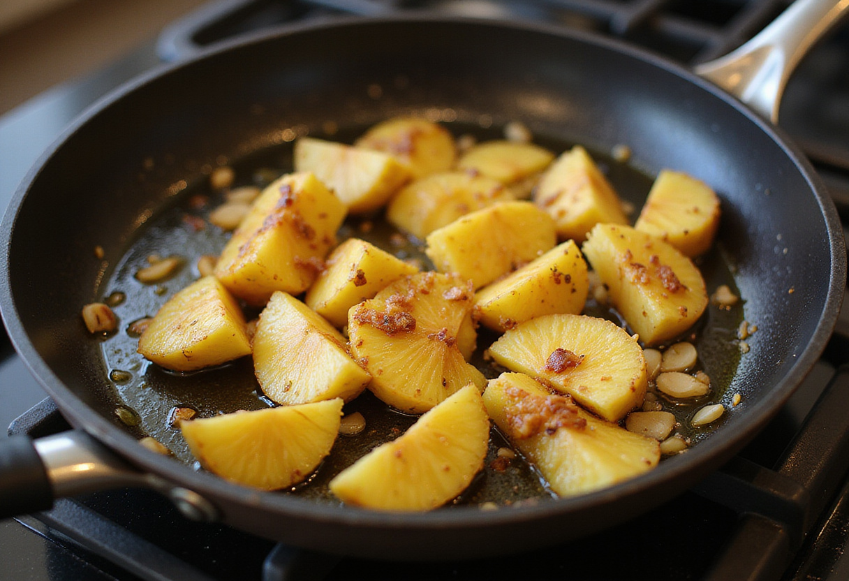 Cooking process of Brown Sugar Pineapple Chicken with golden sautéed pineapple and garlic in a skillet, highlighting sweet and savory flavors.
