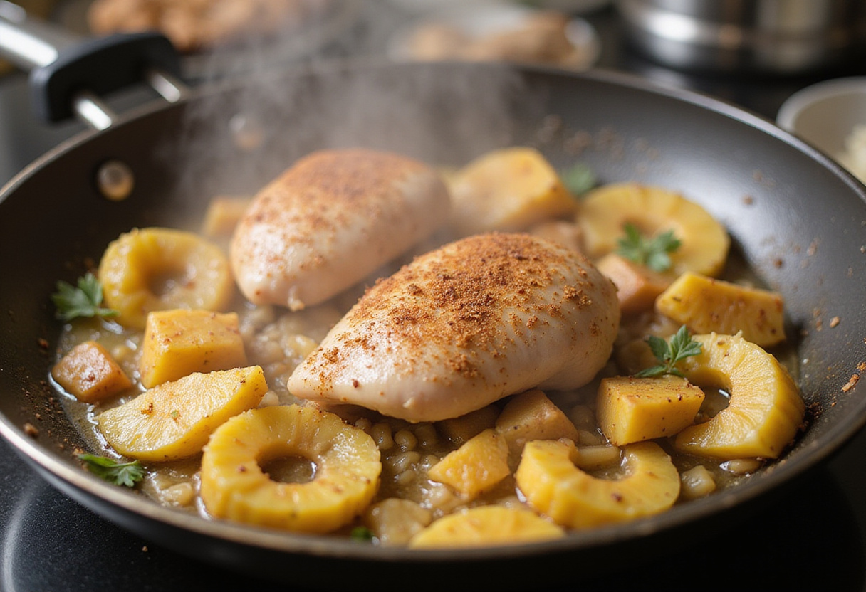 Combining seasoned chicken thighs with caramelized pineapple for Brown Sugar Pineapple Chicken, representing a delightful cooking moment.