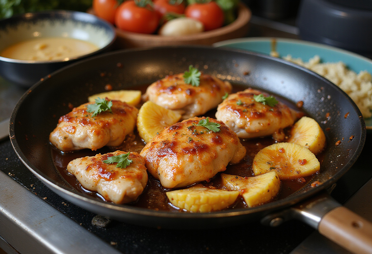 Glazing the chicken and pineapple for Brown Sugar Pineapple Chicken, emphasizing a savory and sweet finish to the dish.