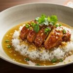 Delicious caramelised soy chicken in garlic ginger broth served with rice, an irresistible dish ready to enjoy.
