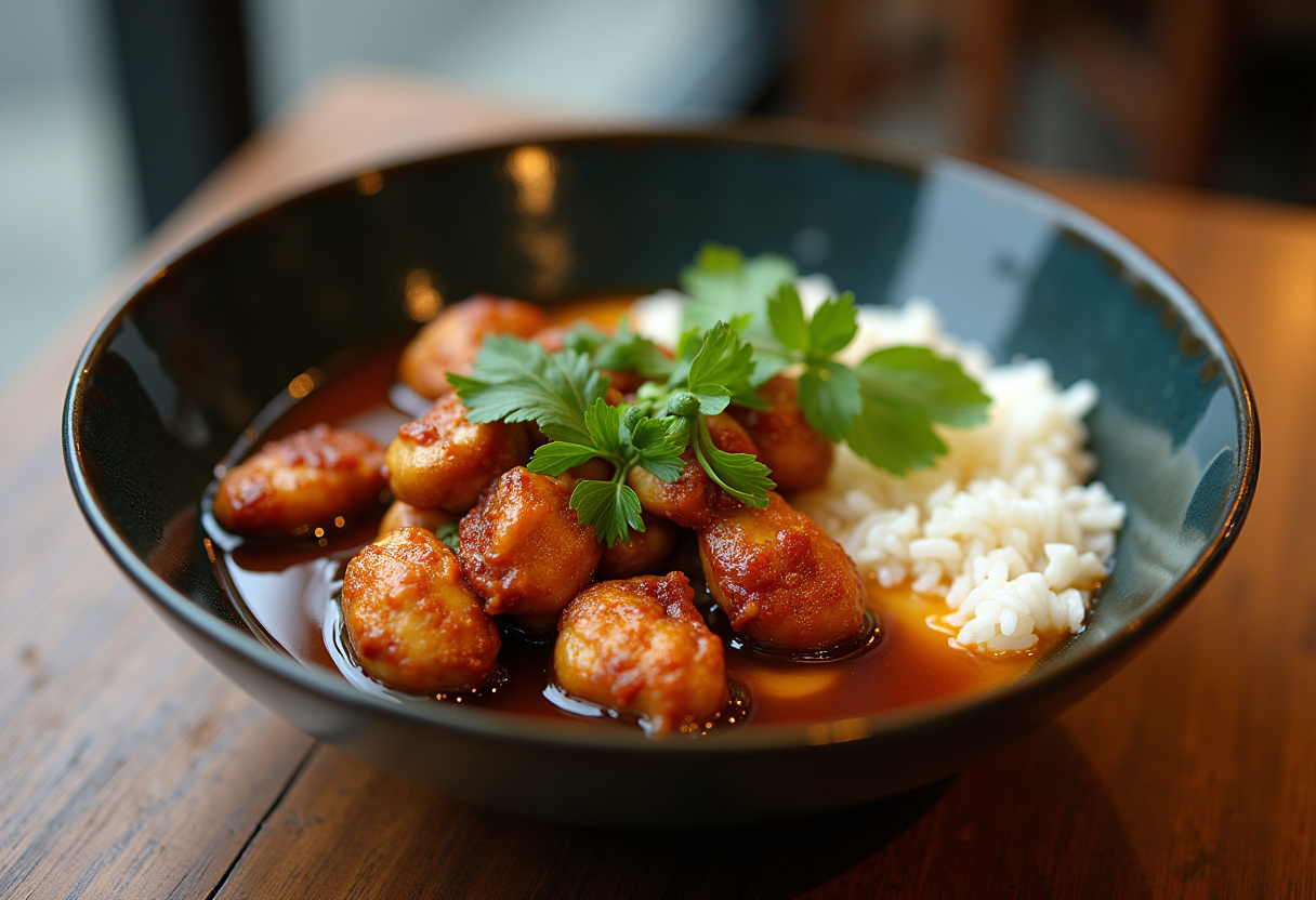 Delicious caramelised soy chicken in garlic ginger broth served with rice, an irresistible dish ready to enjoy.