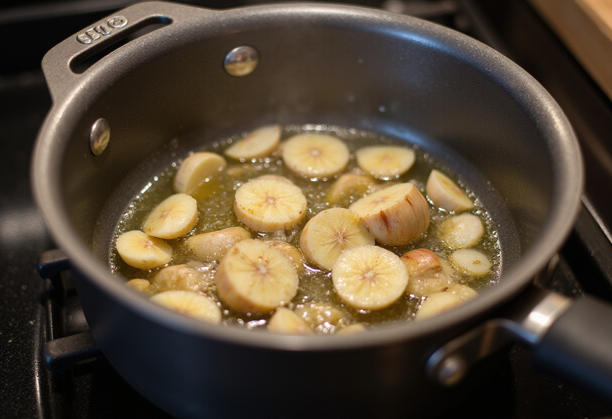 Garlic and ginger sautéing in oil for a flavorful broth base in a Japanese-inspired dish.