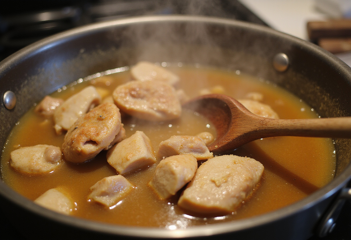 Delicious garlic ginger broth with caramelised chicken pieces in a pot, combining flavors for a hearty meal.