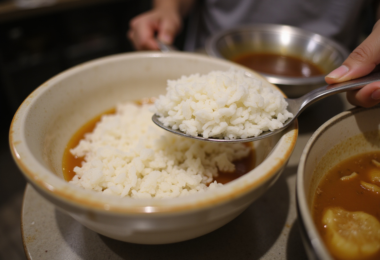 Fluffy white rice ready to accompany the flavorful garlic ginger broth with caramelised soy chicken.