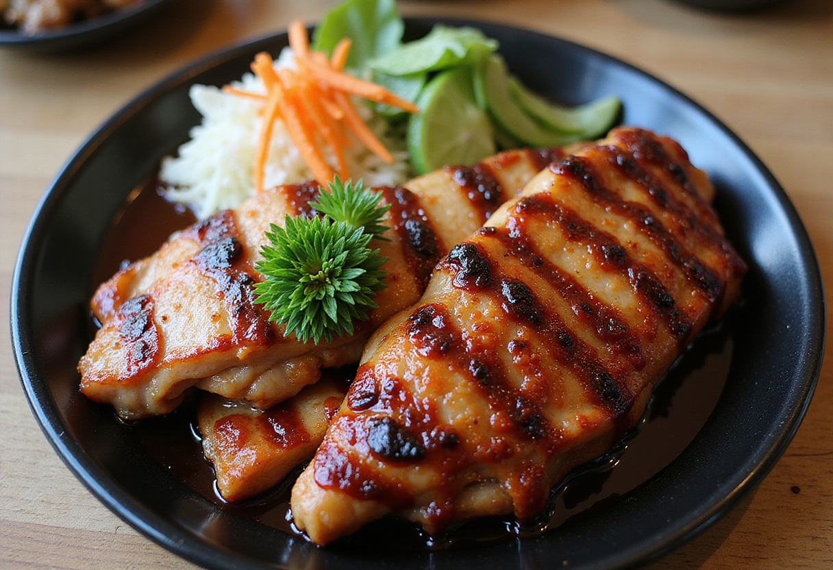Complete Char Siu chicken dish elegantly plated, showcasing its appeal and deliciousness as a traditional Chinese BBQ meal.
