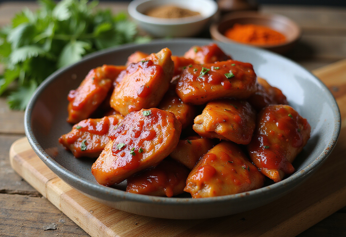 Marinated chicken pieces in Char Siu sauce ready for cooking, featuring fresh herbs and spices for a delicious Chinese BBQ flavor.
