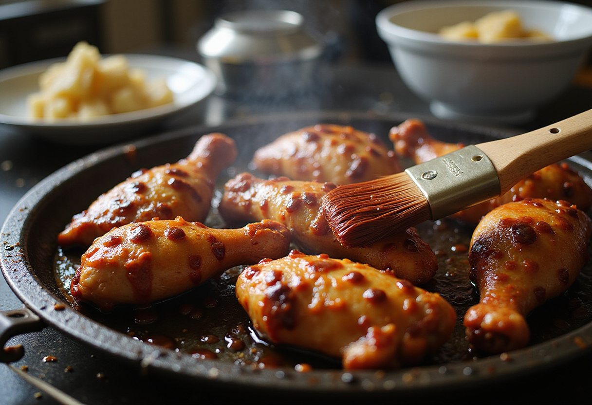 Grilled Char Siu chicken being glazed with barbecue sauce, emphasizing the rich color and flavor in a vibrant kitchen atmosphere.