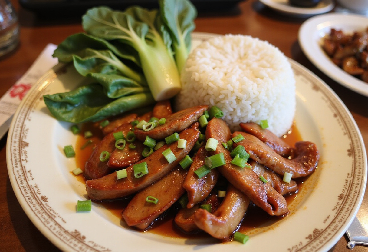 Sliced Char Siu chicken served with rice and bok choy, showcasing a colorful plate of authentic Chinese BBQ food perfect for a meal.
