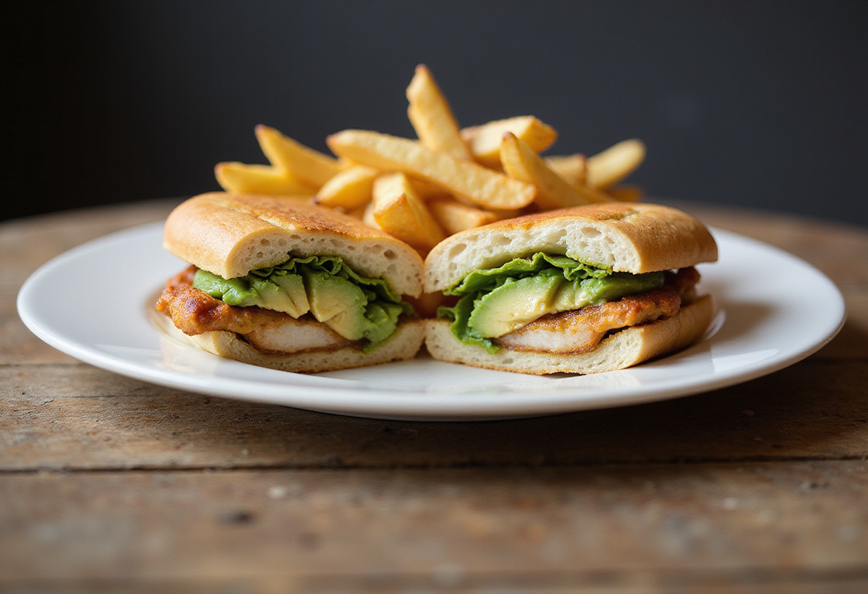Delicious Chicken Avocado Melt Sandwich displayed with a side of crispy fries, perfect for a satisfying meal.