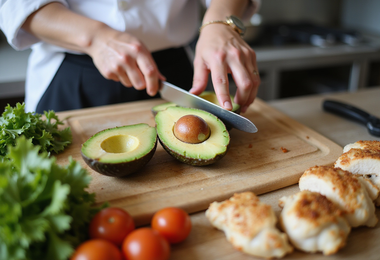 Slicing ripe avocados for Chicken Avocado Melt Sandwich with fresh ingredients in a bright kitchen.