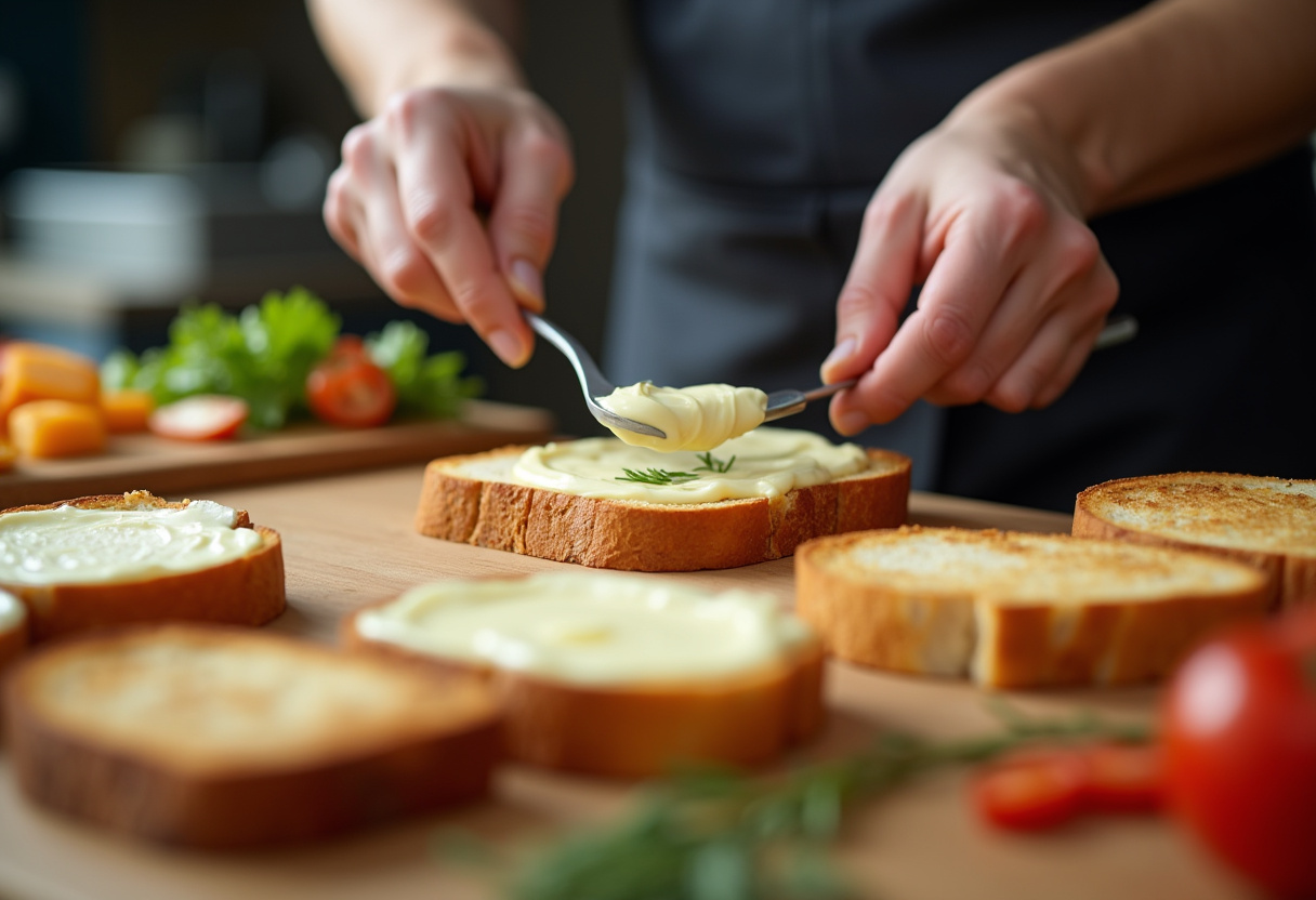 Spreading mayonnaise on toasted bread to create a flavorful Chicken Avocado Melt Sandwich.