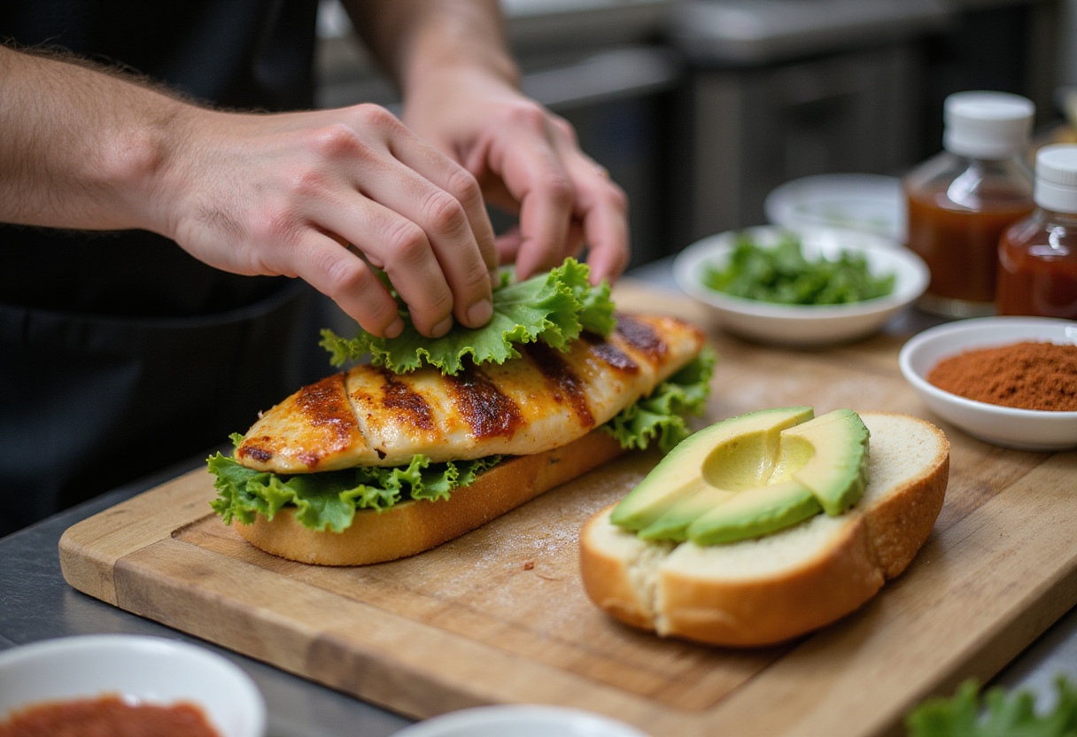 Layering cooked chicken and avocado on bread for a delicious Chicken Avocado Melt Sandwich.