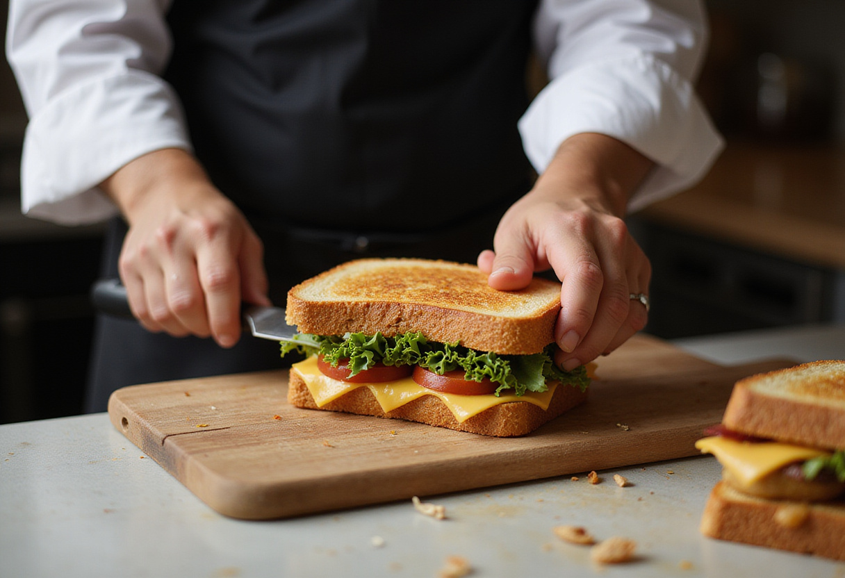Assembling a Chicken Avocado Melt Sandwich with layers of chicken and avocado, ready to be cut.