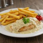 Gourmet presentation of chicken fillet in spicy, creamy garlic-Parmesan sauce with crispy fries for a delectable dining experience.
