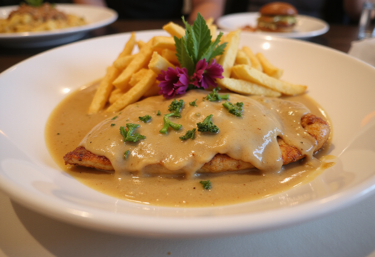 Gourmet presentation of chicken fillet in spicy, creamy garlic-Parmesan sauce with crispy fries for a delectable dining experience.