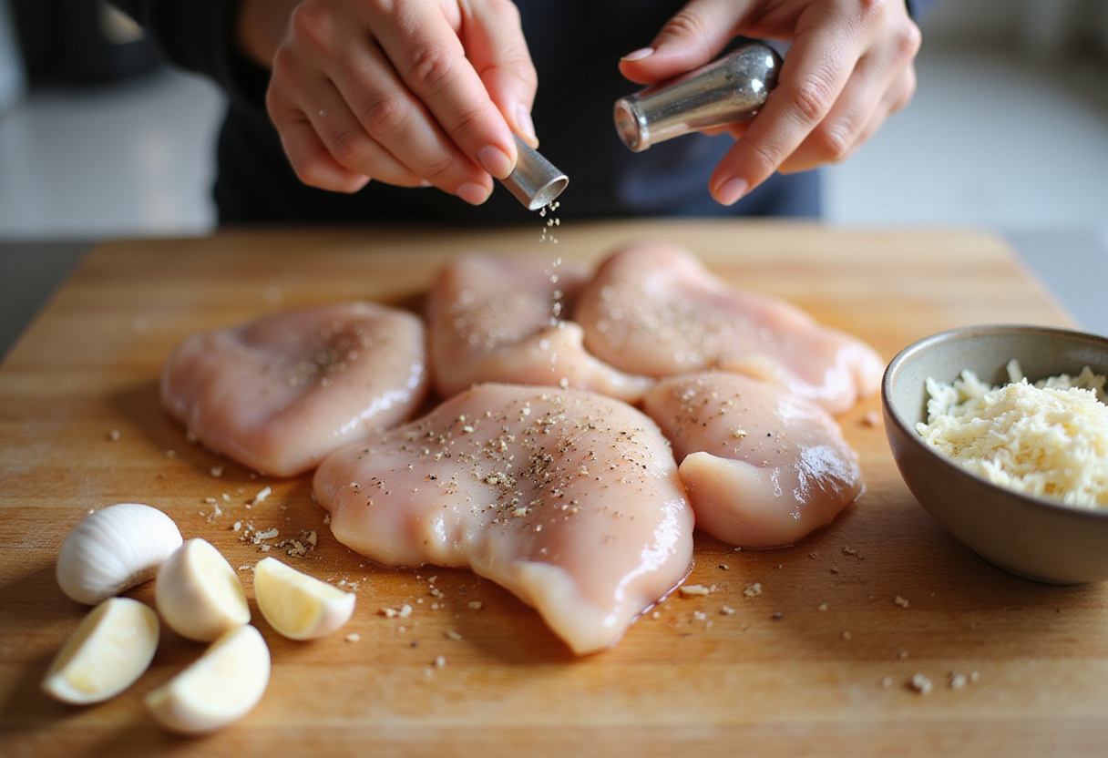 Chicken fillet preparation with seasoning salt, freshly cracked pepper, garlic, and Parmesan cheese for a spicy creamy garlic sauce.