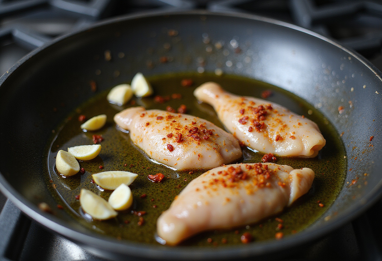 Cooking chicken fillets in a hot skillet with garlic and red pepper flakes for a spicy creamy garlic Parmesan sauce.