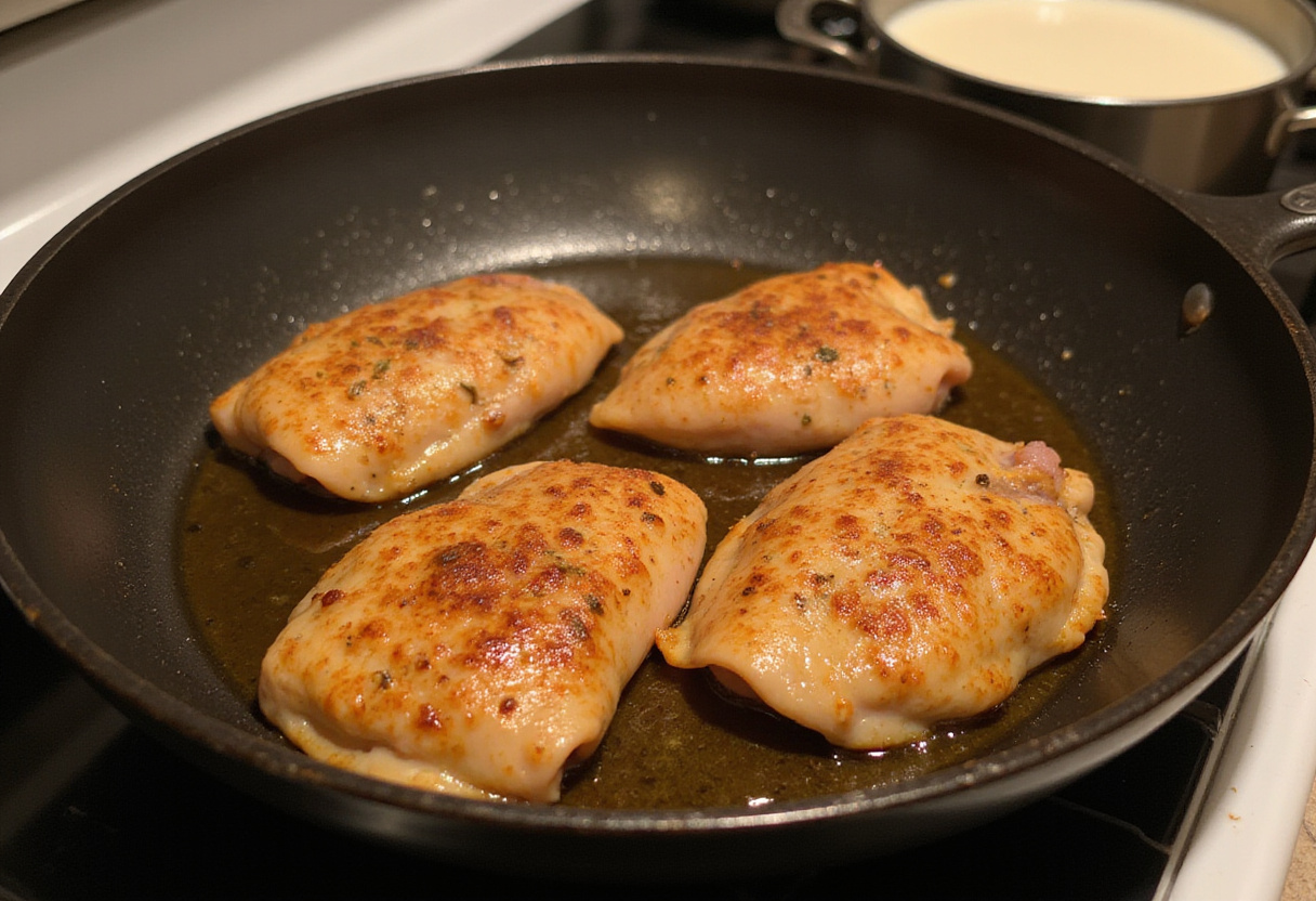 Golden-brown chicken fillets cooking in a skillet, with bubbling heavy cream, prepared for a flavorful garlic Parmesan sauce.