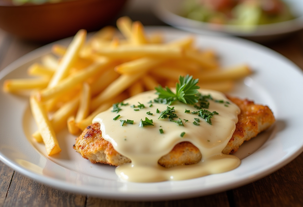 Delicious chicken fillet in spicy garlic-Parmesan sauce served with crispy fries, perfect for a satisfying meal.