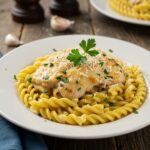Delicious creamy garlic parmesan chicken served over cheesy twisted pasta for a comforting meal.