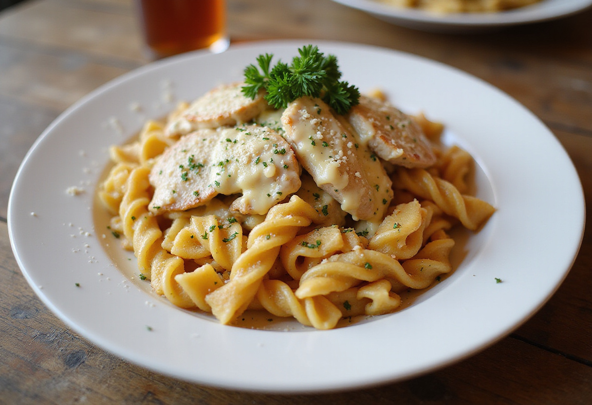 Delicious creamy garlic parmesan chicken served over cheesy twisted pasta for a comforting meal.