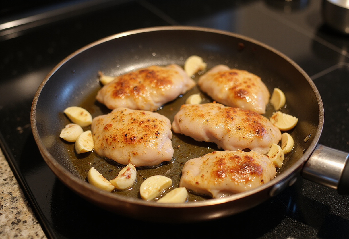 Searing chicken breast with garlic and butter for creamy garlic parmesan chicken.