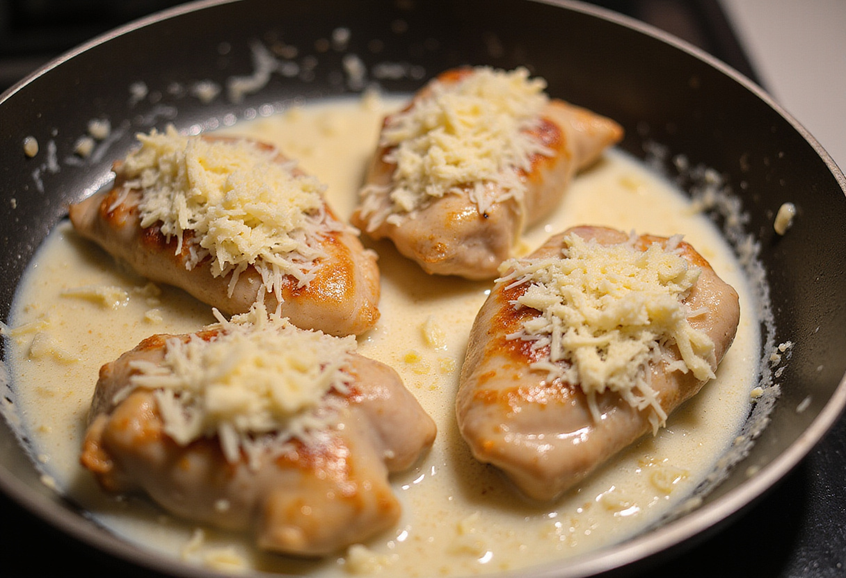 Making creamy sauce with chicken and parmesan for creamy garlic chicken pasta.