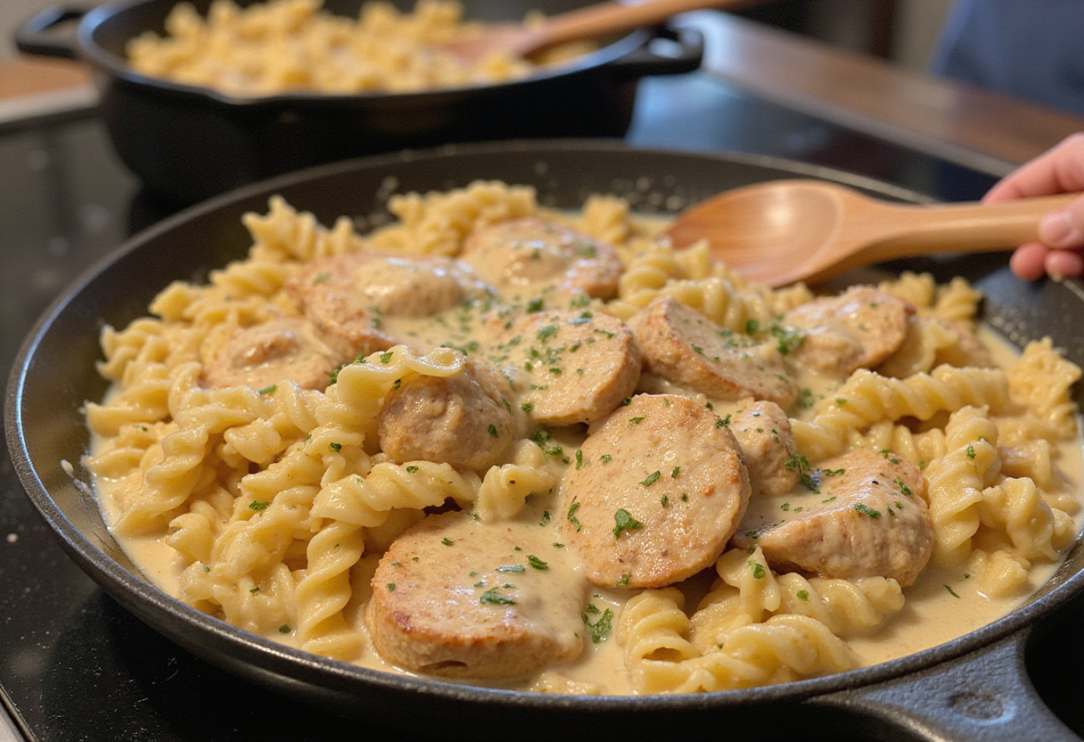 Plating creamy garlic chicken with twisted pasta for a delicious dinner.