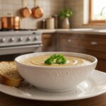 A bowl of creamy mushroom soup garnished with parsley and served with crusty bread, showcasing a delicious homemade meal.