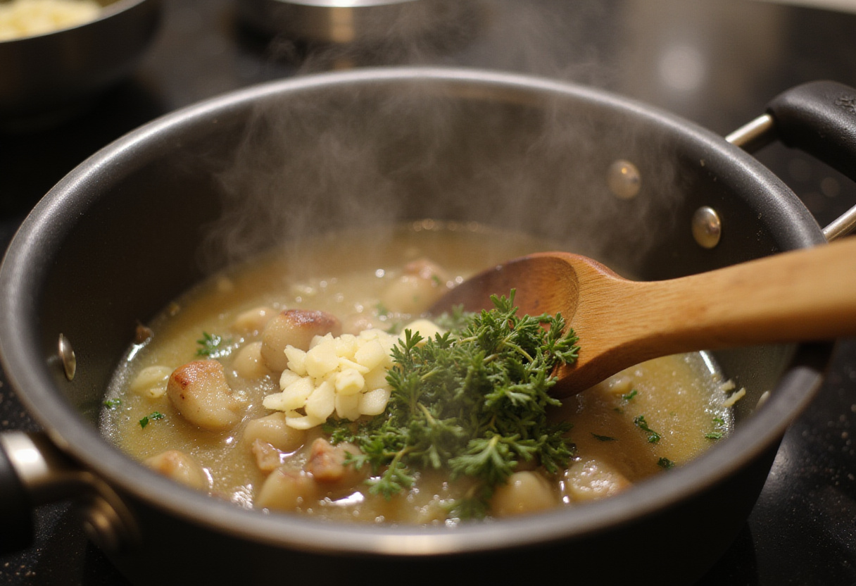 Combining sautéed mushrooms and onions with vegetable broth for a hearty creamy mushroom soup, with fresh herbs in view.
