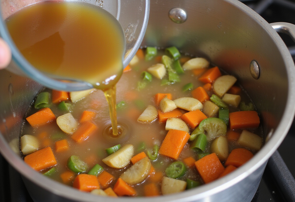 Blending creamy mushroom soup with an immersion blender in a pot to achieve a velvety consistency.