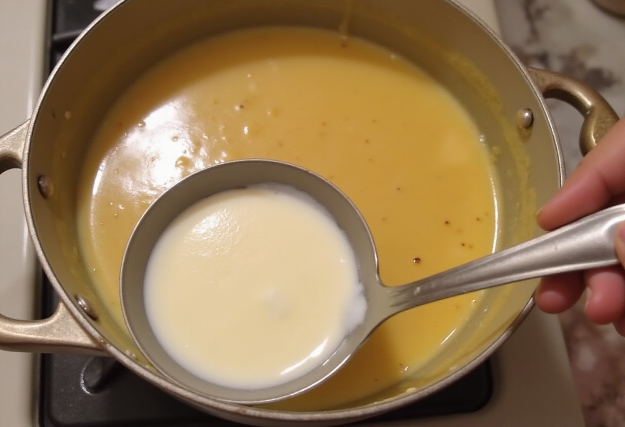 Seasoning creamy mushroom soup in a pot with salt and pepper for fuller flavor before serving.