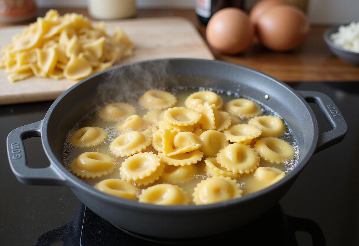 Fresh tortellini being cooked in boiling water for a creamy tortellini carbonara recipe, showcasing the process of preparing the pasta.