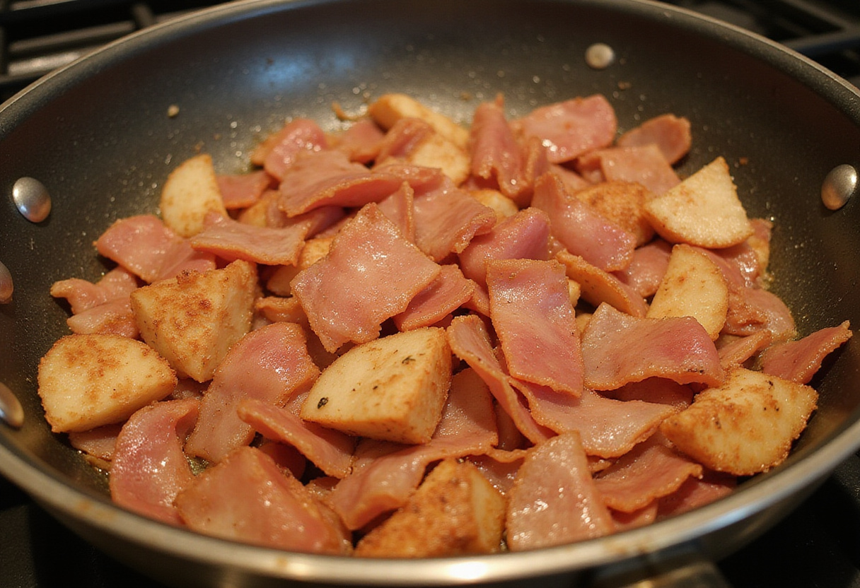 Pancetta sizzling in a skillet for creamy tortellini carbonara, capturing the savory essence of carbonara's key ingredient.