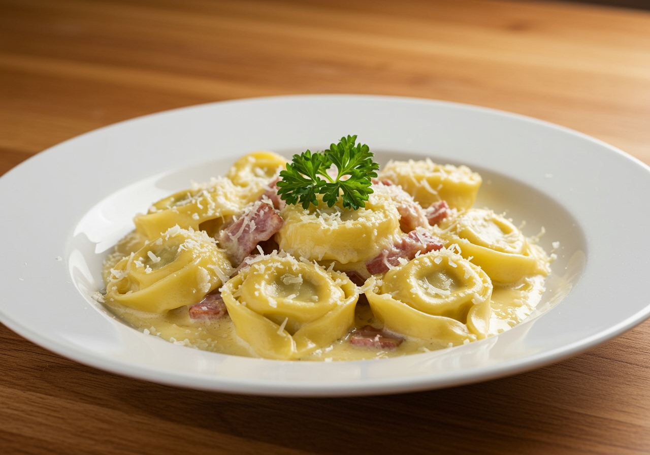 Final plating of creamy tortellini carbonara, showcasing the luxurious texture and appearance, perfect for sharing.