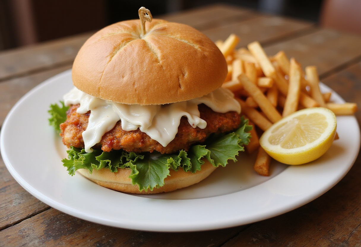Delicious Crispy Chicken Caesar Sandwich plated with fries and lemon, highlighting its crispy texture and fresh ingredients.