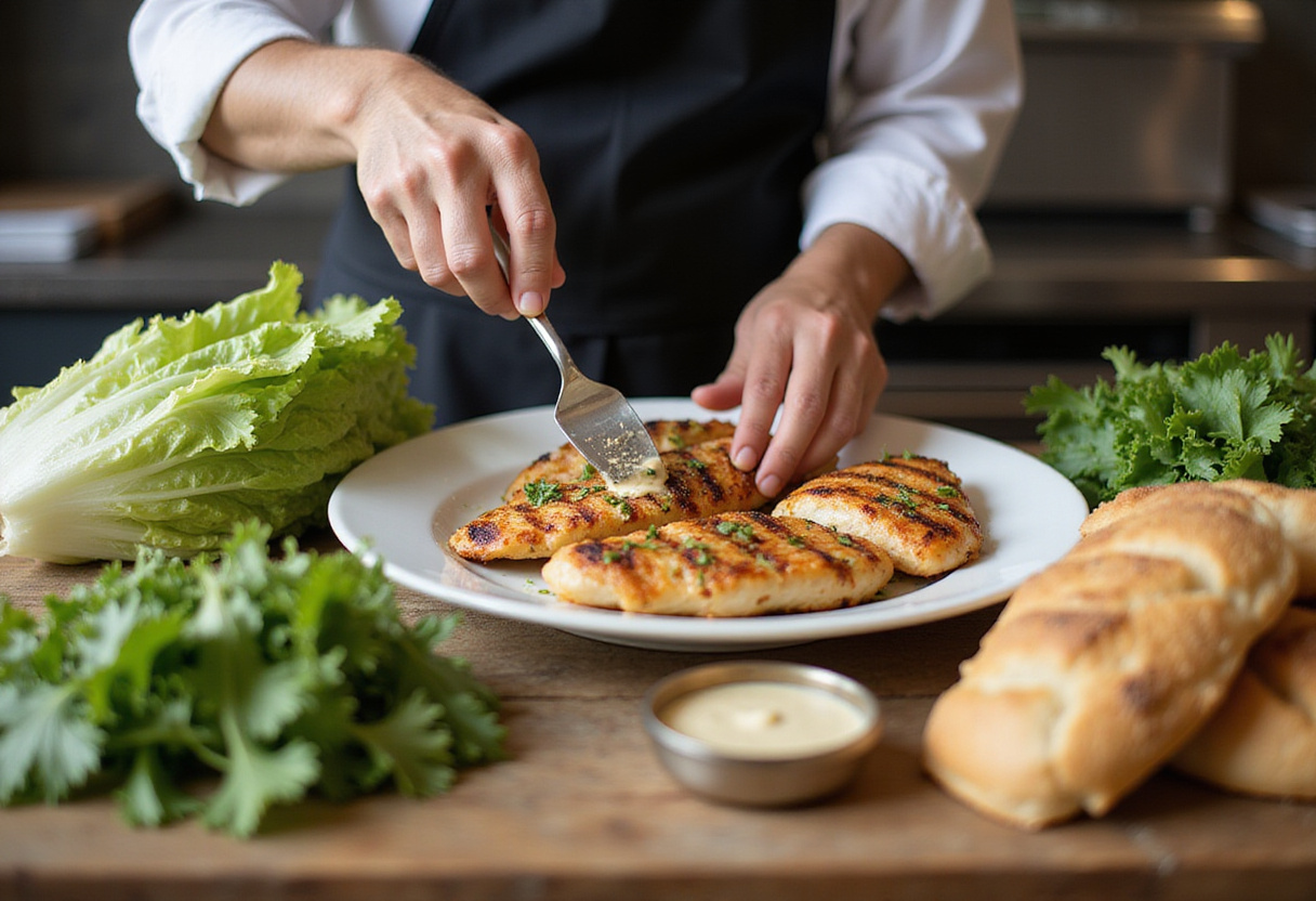 Crispy Chicken Caesar Sandwich ingredients setup, featuring fresh romaine lettuce and crispy chicken fillets.