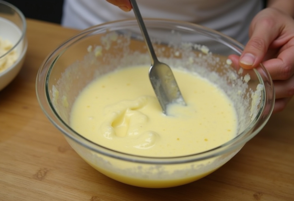 Making Caesar dressing for Crispy Chicken Caesar Sandwich, a delicious creamy mixture in a bowl.
