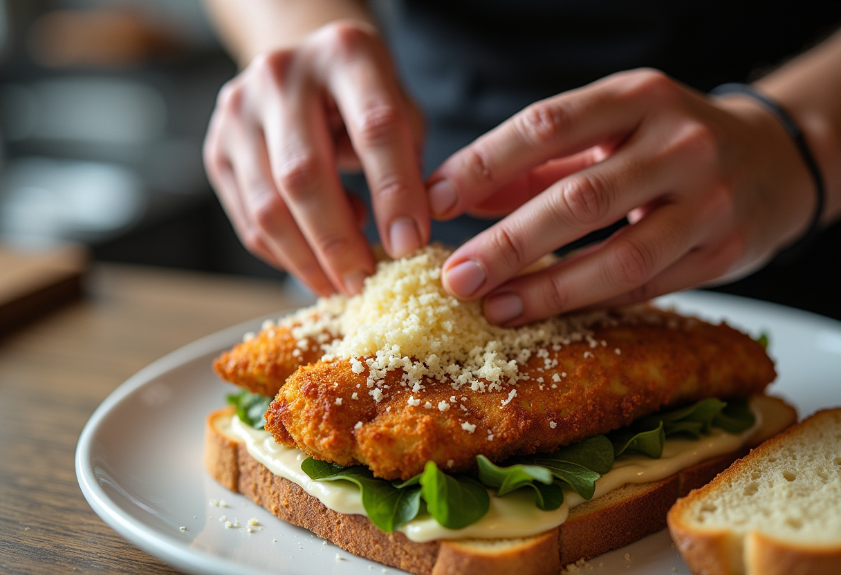 Layering ingredients for Crispy Chicken Caesar Sandwich, with crispy chicken and creamy Caesar dressing on toasted bread.