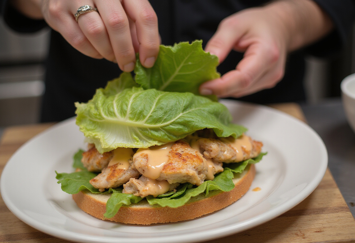 Final assembly of Crispy Chicken Caesar Sandwich with fresh lettuce, crispy chicken, and luscious dressing.