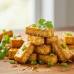Deliciously presented crispy honey garlic tofu on a wooden table, highlighting the golden-browned tofu pieces glistening with honey garlic sauce.