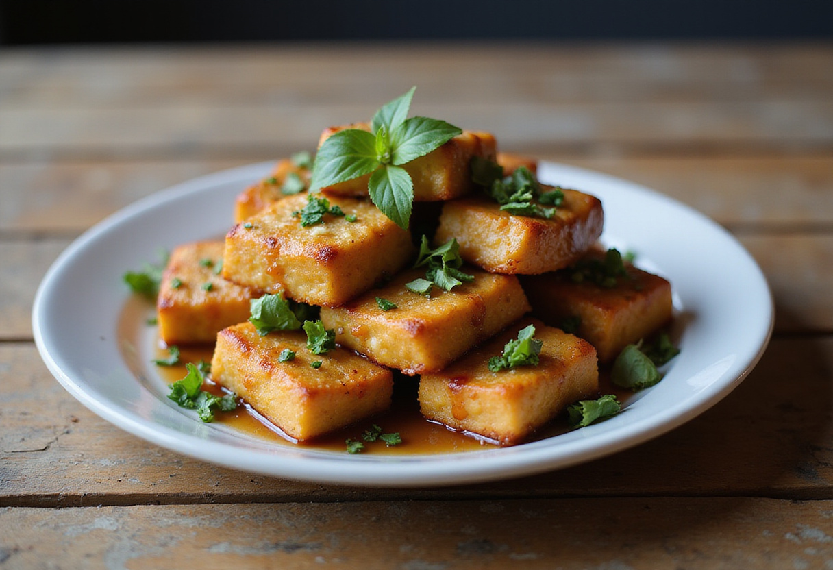 Deliciously presented crispy honey garlic tofu on a wooden table, highlighting the golden-browned tofu pieces glistening with honey garlic sauce.