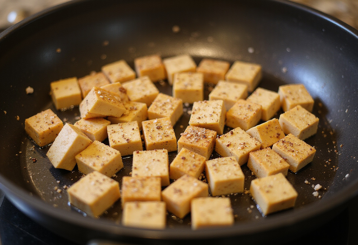 Cooking crispy honey garlic tofu with diced tofu sautéed until golden brown on the stove.