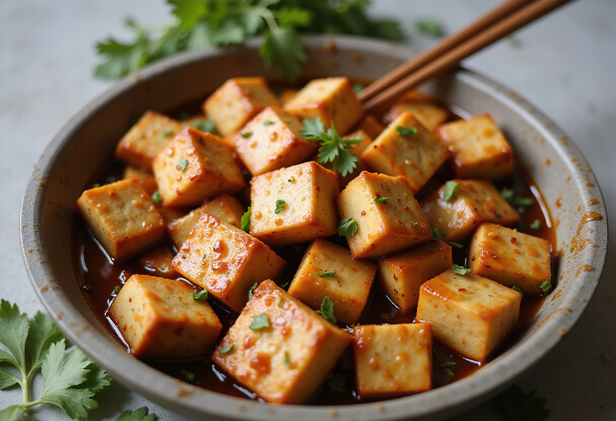 Coating crispy tofu cubes with a luscious honey garlic sauce in a mixing bowl for a delicious flavor combination.