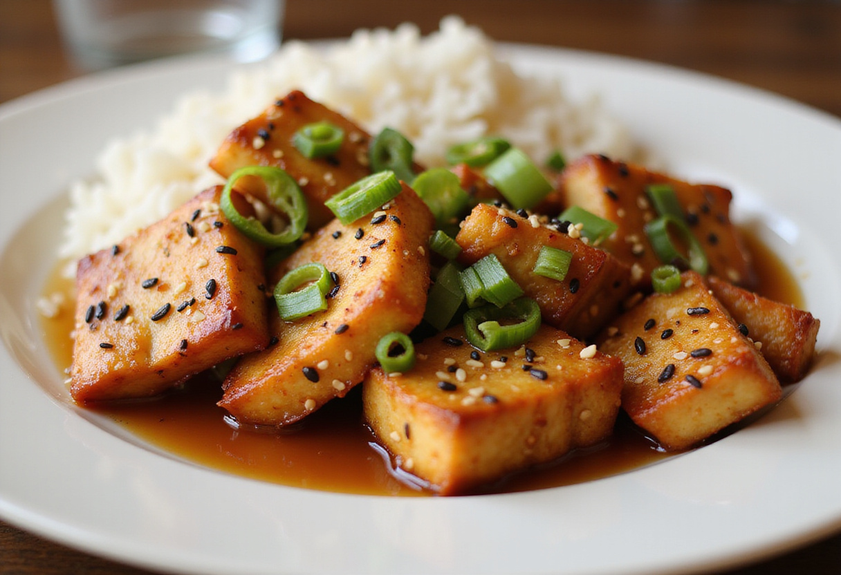 Serving platter of crispy honey garlic tofu garnished with sesame seeds, green onions, and accompanied by steamed rice.